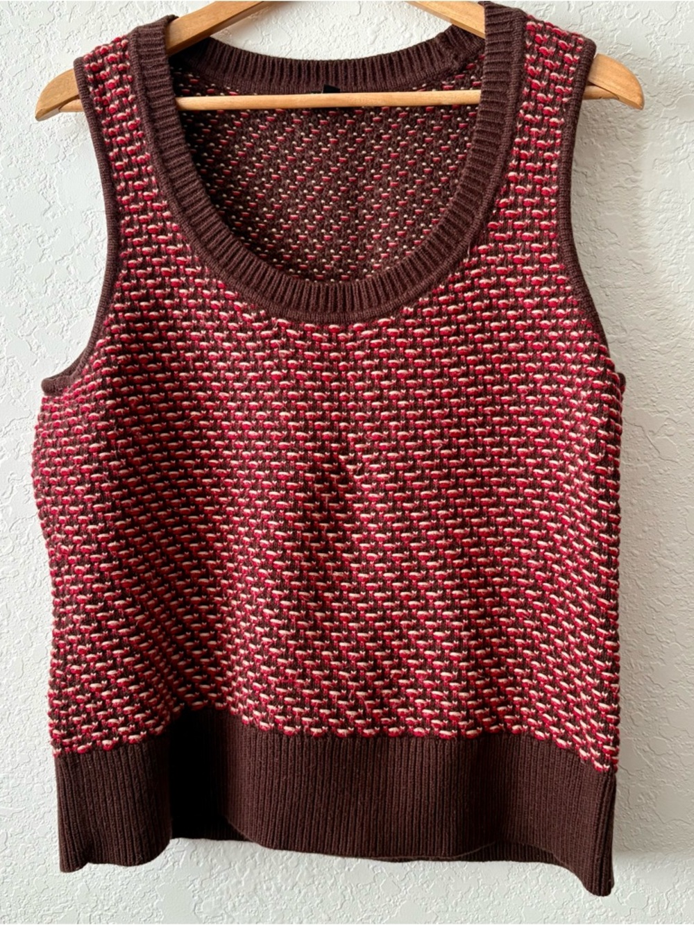 Talbots Sweater Vest Red Brown Tan Woven Angora Blend Knit Sleeveless Scoop Neck